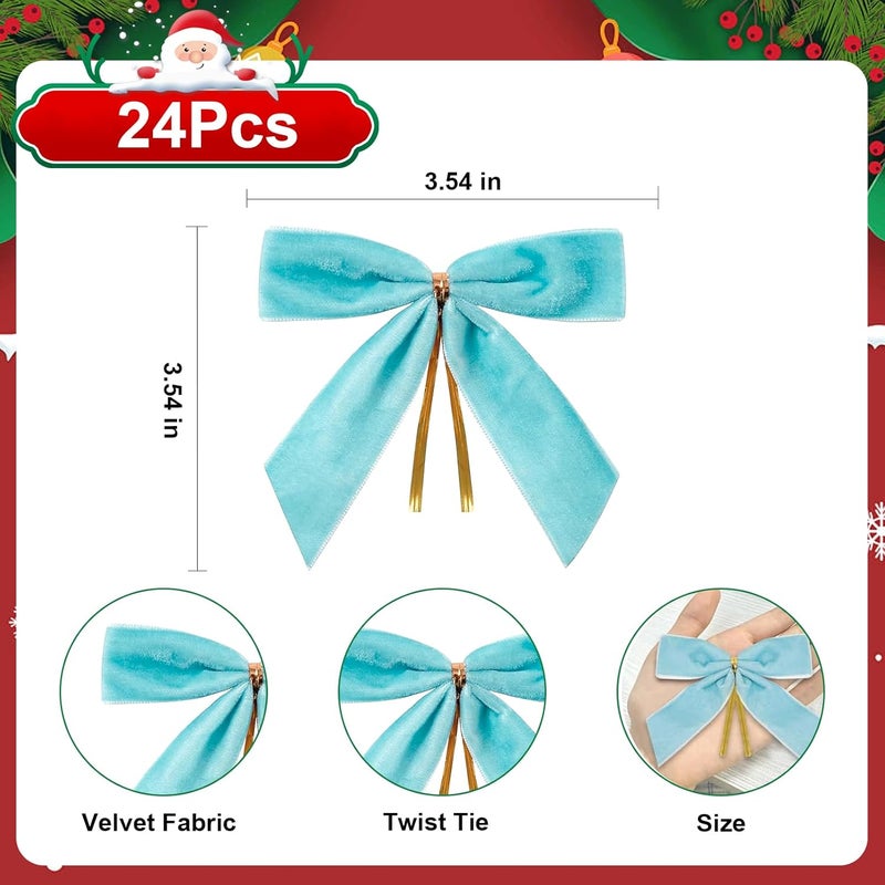 CCILAND Store 24 Pcs Blue Small Velvet Bows for Christmas Tree, 3.54 Inch Mini Christmas Bows for Gift Wrapping, Twist Tie Velvet Bows Xmas Ornaments for Wreath, Crafts, Party, Wedding - Image 2